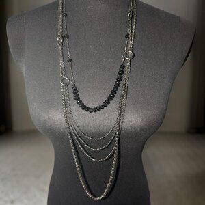 Vintage 90s Flapper Style Silver Black Tones Multilayer Necklace Lobster Closure